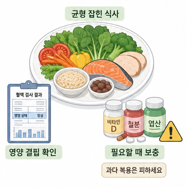 특정 음식에 의존하지 않고 균형 잡힌 식사와 필요한 영양소 확인을 표현한 이미지