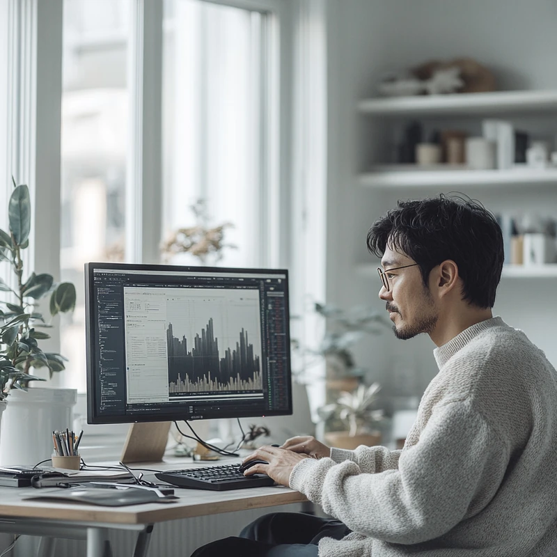 한국 투자자가 집에서 컴퓨터로 미국 ETF 수익률과 성과 정보를 분석하는 모습. 미국ETF 투자 방법, 온라인 정보 탐색, 수익률 비교, 개인연금 계좌, 투자자 행동 등 주요 LSI 키워드를 반영