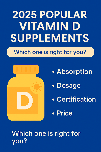2025년 한국 기준으로 선정된 비타민D 영양제 5개 브랜드의 용량, 제형, 흡수율, 공인 인증 여부 등을 시각적으로 정리한 플랫 인포그래픽입니다. 선택 기준이 어려운 소비자가 비교하기 쉽게 구성되어 있습니다.