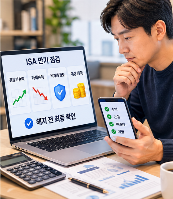 ISA 만기 세금 확인을 위해 평가손익과 예상 세액을 비교하는 직장인