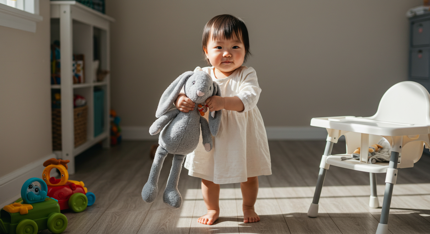 애착인형을 들고 있는 아기