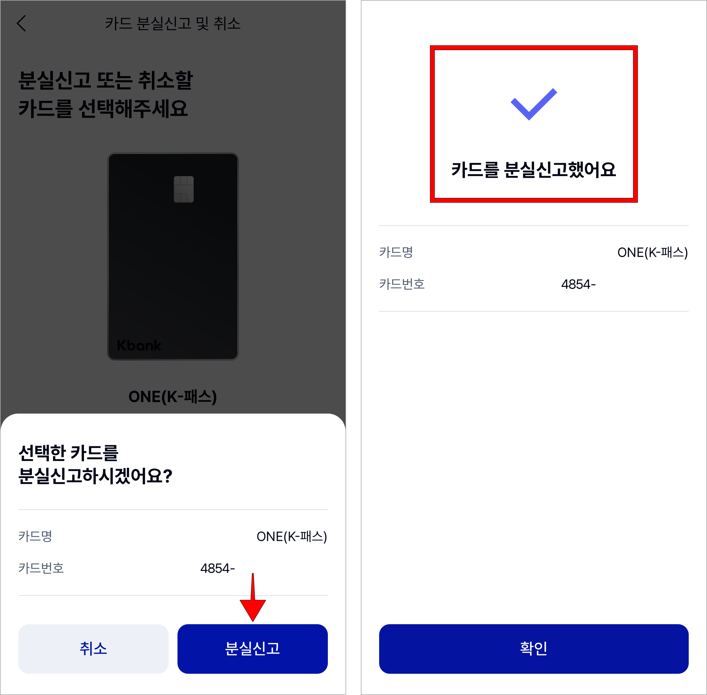 화면에 표시된 분실신고 안내의 '분실신고' 버튼을 선택하여 카드 분실신고를 완료
