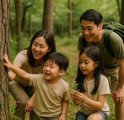 숲 체험을 하면서 나무를 만져보는 남자아이와 그를 바라보는 가족들
