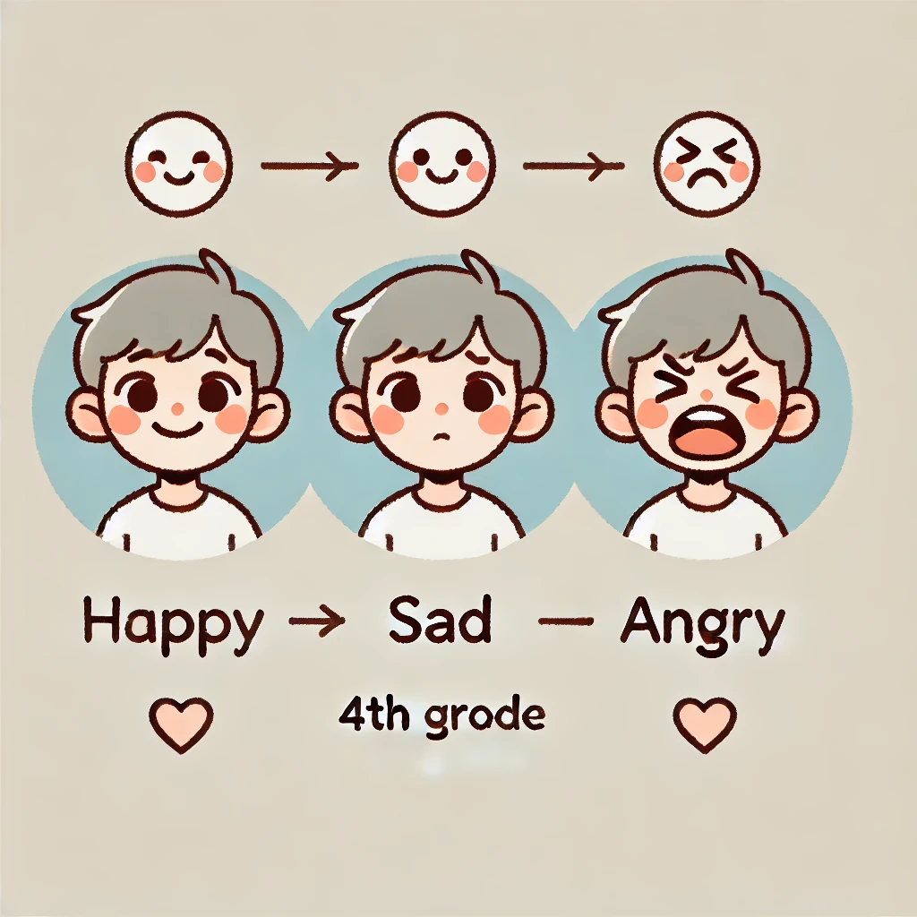 초등학교 4학년, 11세 사춘기 초입, 감정 기복과 독립심 관련 이미지