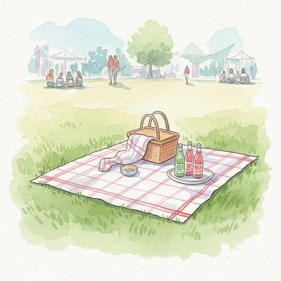 야외 페스티벌에서 피크닉을 즐기는 모습