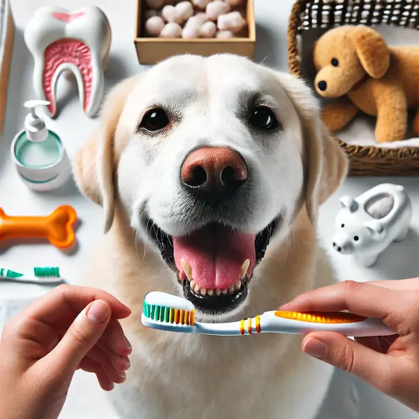 강아지가 치약과 칫솔로 양치질을 받으며 치주질환을 예방하는 모습