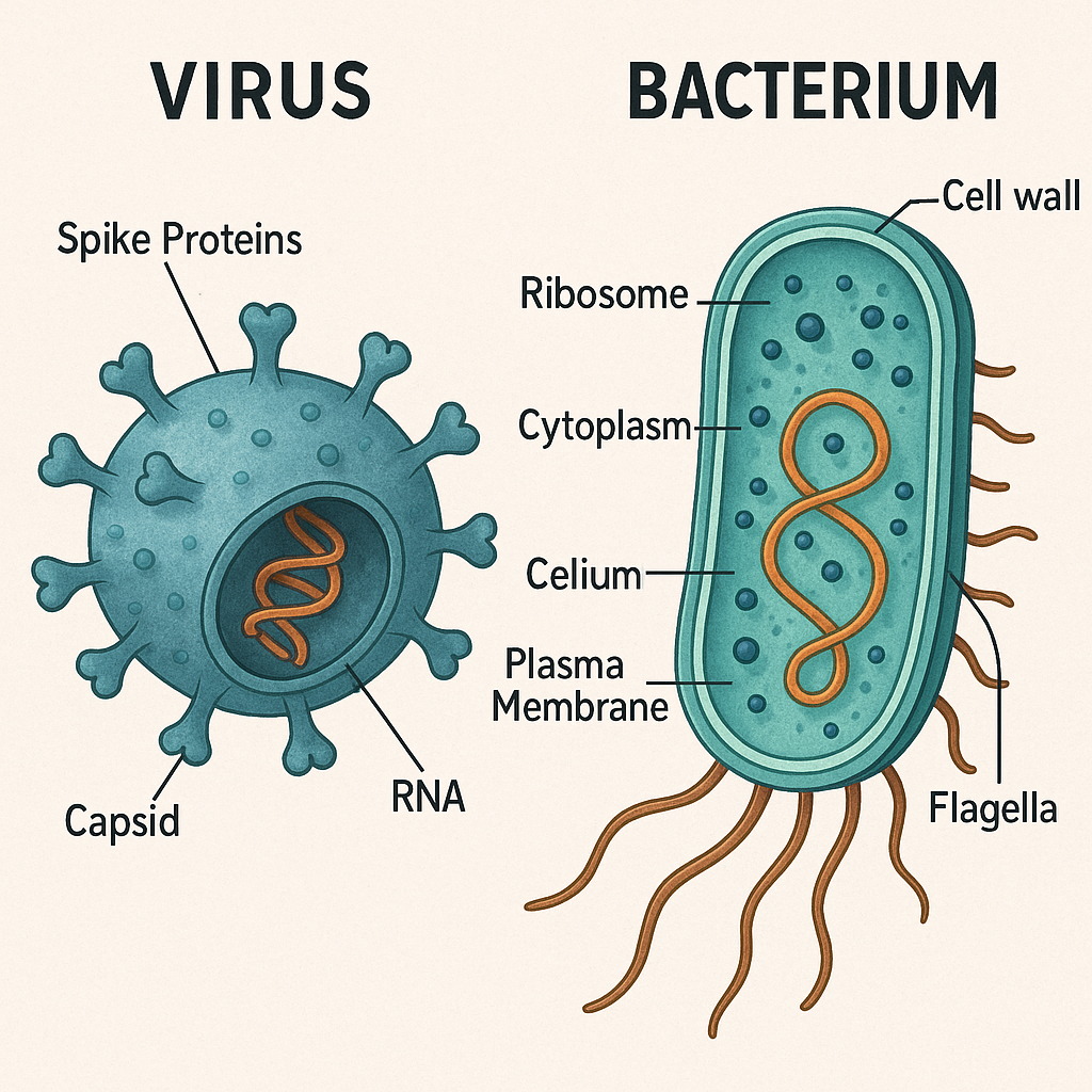 바이러스와 세균의 구조적 차이관련 이미지