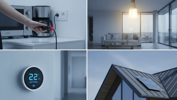 전기를 절약하는 다양한 방법들을 시각적으로 보여주는 이미지. 코드를 뽑는 손, LED 조명, 스마트 온도조절기, 그리고 작은 주택용 태양광 패널이 한데 어우러져 에너지 효율적인 생활을 강조한다.