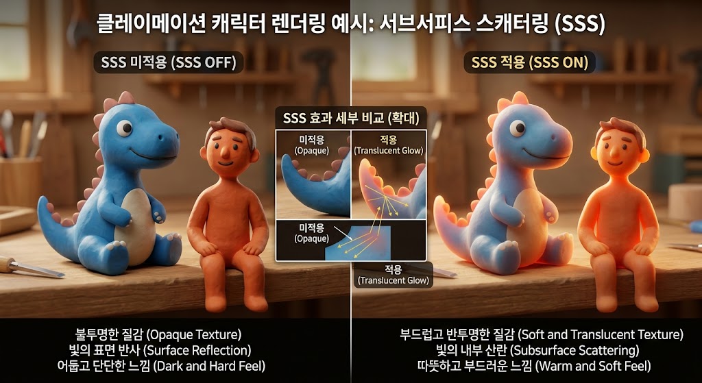 왼쪽을 응시하는 형태의 캐릭터 표면 아래로 빛이 부드럽게 산란되며, 점토 특유의 반투명한 질감과 노이즈가 실시간으로 물리적으로 정확하게 구현된 모습.
