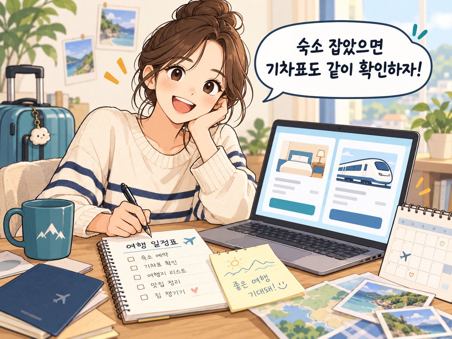 두세 달 뒤 여행을 준비하면서 숙소와 기차표를 함께 미리 확인하는 모습을 표현한 웹툰 이미지