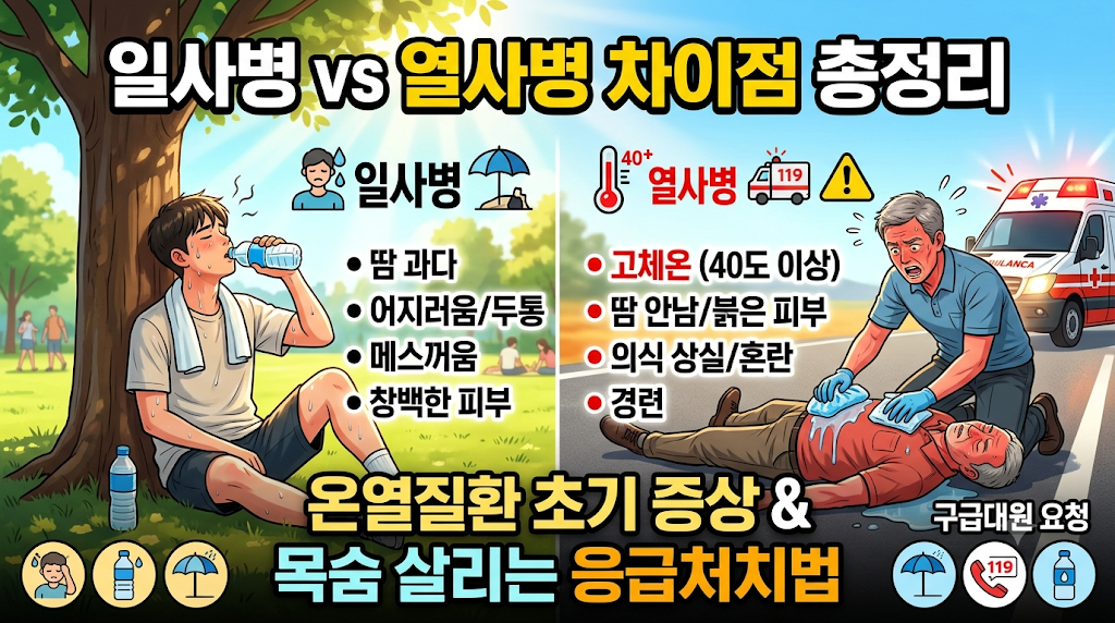 일사병 열사병 차이점 총정리: 온열질환자 초기 증상과 목숨 살리는 응급처치법