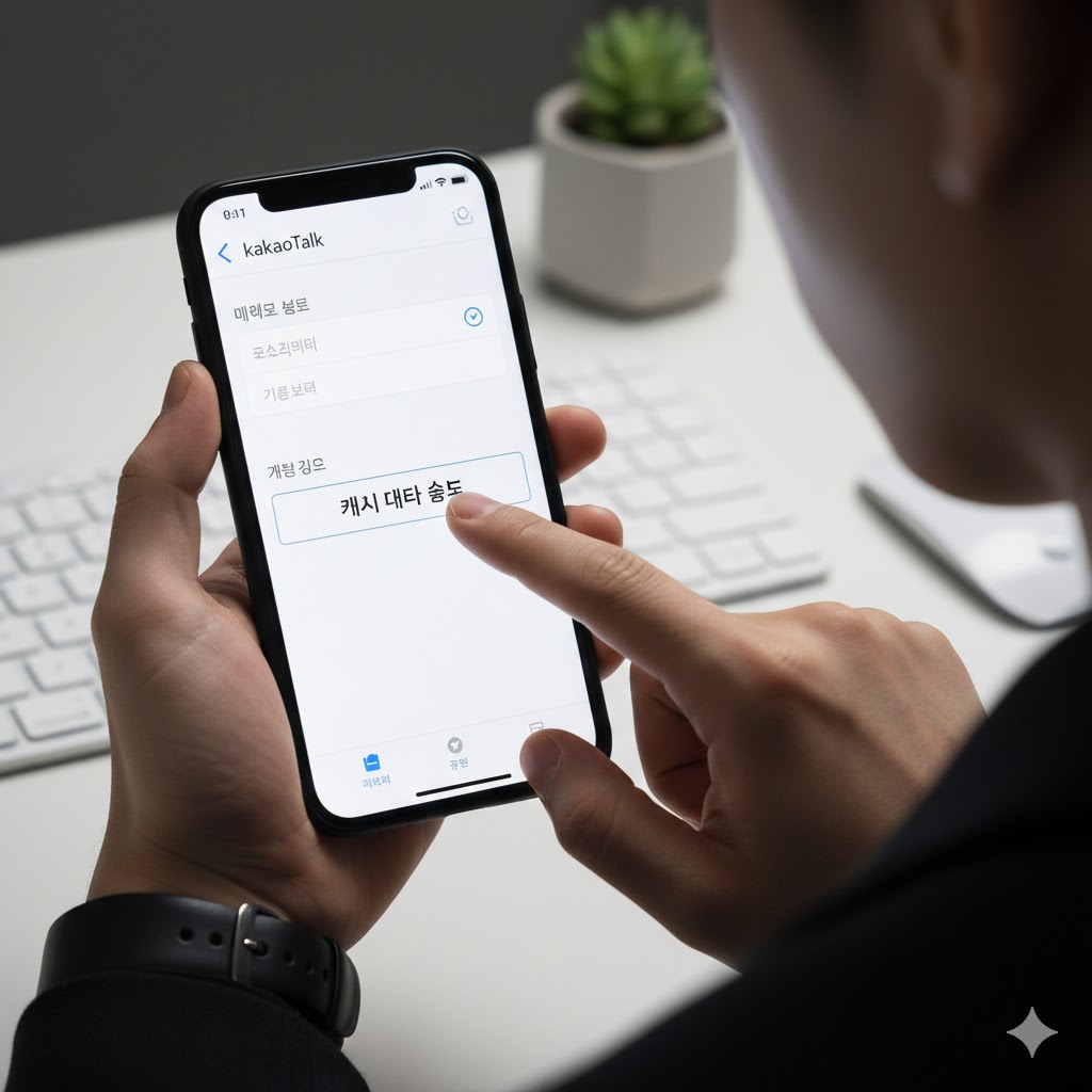 카카오톡 설정 메뉴에서 '캐시 데이터 삭제' 버튼을 누르려는 손가락