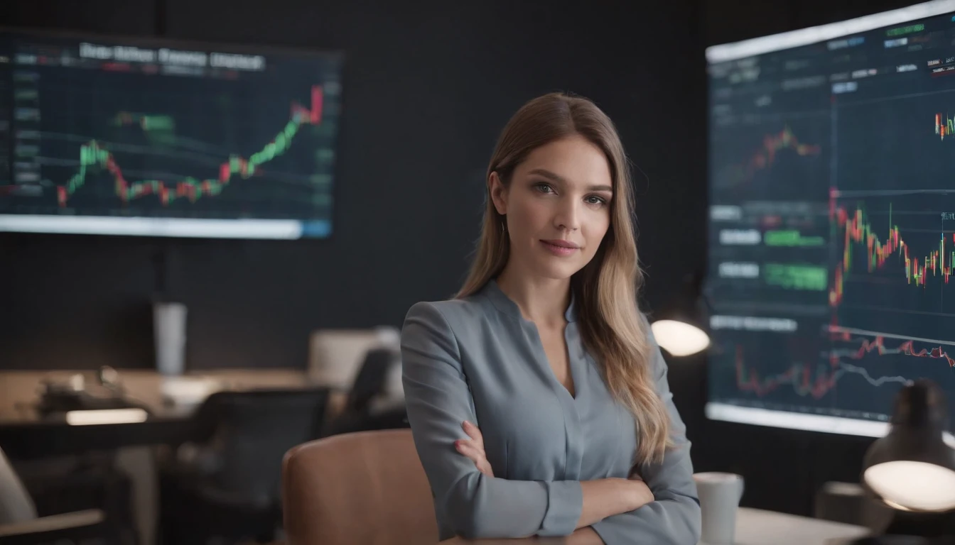 주식 그래프 앞에 있는 여자 이미지