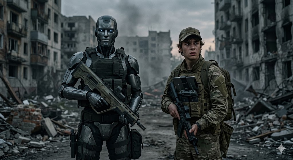 넷플릭스 아웃사이드 더 와이어 첨단 장비를 장착한 안드로이드 리오와 드론 조종사 하프가 폐허가 된 도시에서 경계하는 장면