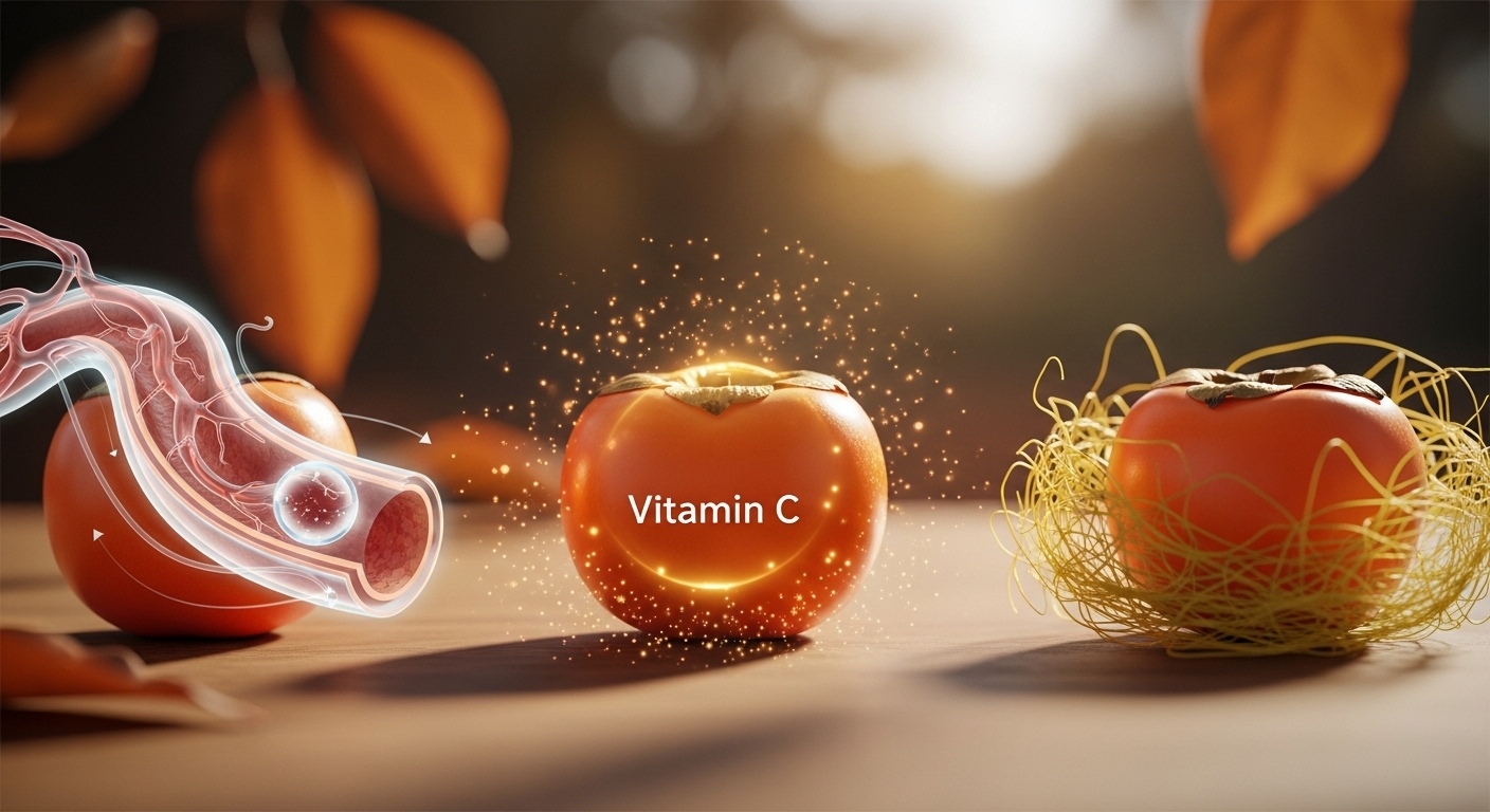 단감의 비타민C, 식이섬유, 혈관 건강 효능을 상징적으로 보여주는 이미지.