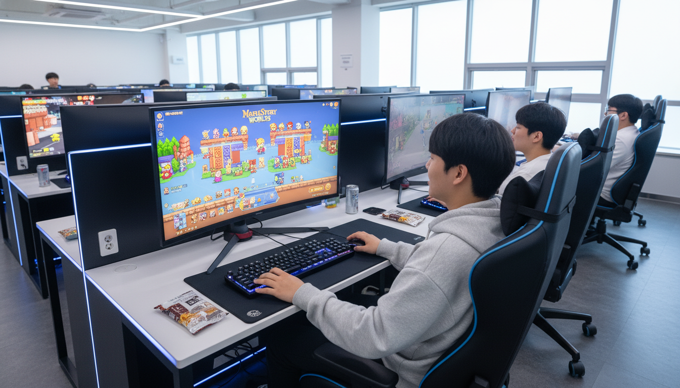 2026년 한국 PC방에서 젊은이들이 메이플스토리 월드를 즐겁게 플레이하는 모습
