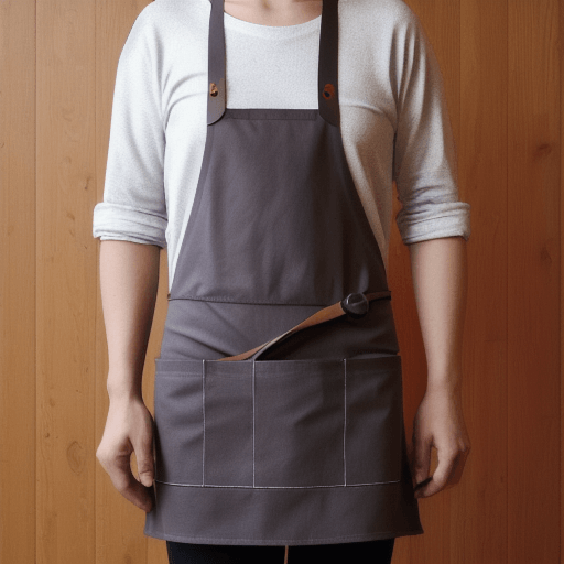 버클이 있는 회색 앞치마를 잎고있는 여성