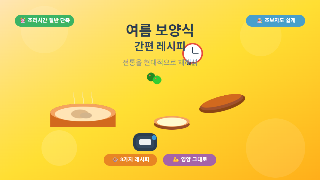 "여름 보양식 간편 레시피 썸네일 - 삼계탕, 장어요리, 현대적 조리도구 일러스트"