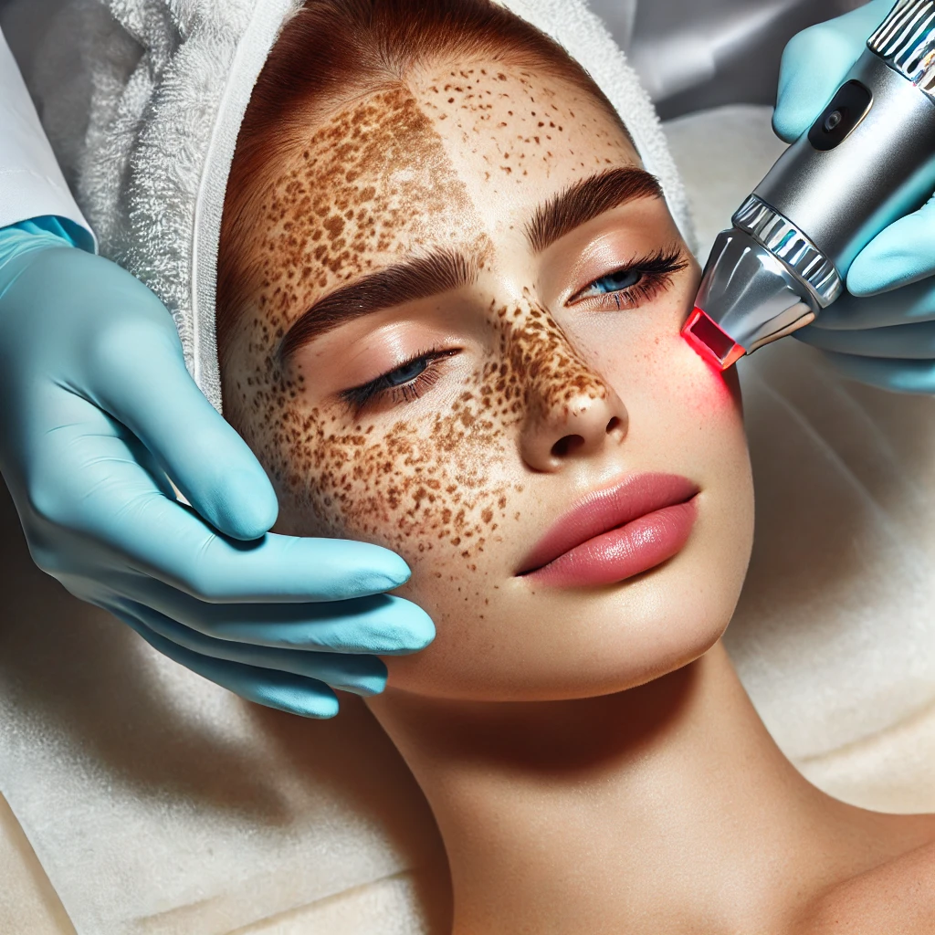 피부과에서 토닝 레이저를 사용해 기미와 주근깨를 치료하고 피부 톤을 개선하는 장면