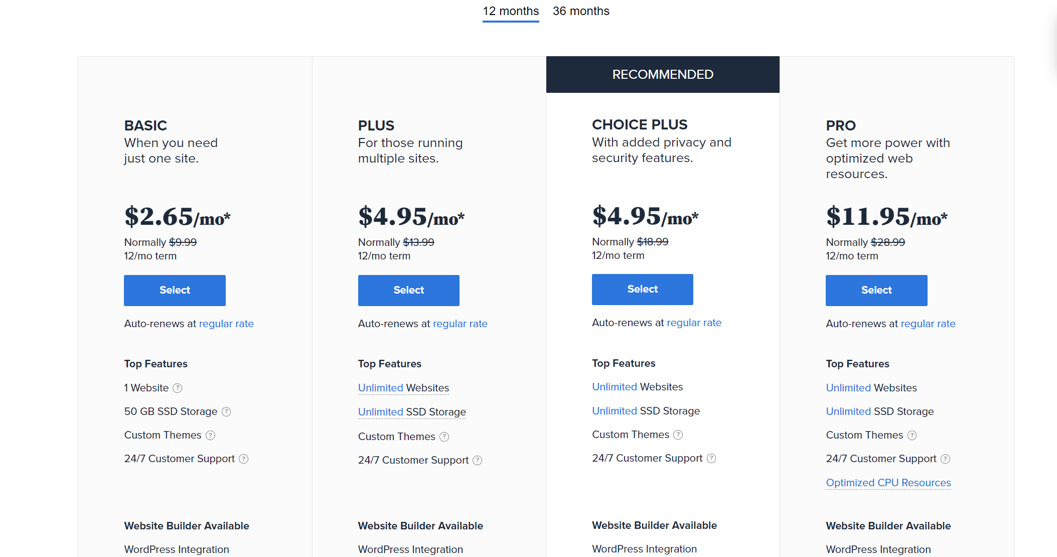 블루호스트 공유호스팅 상품 가격 - 12개월
