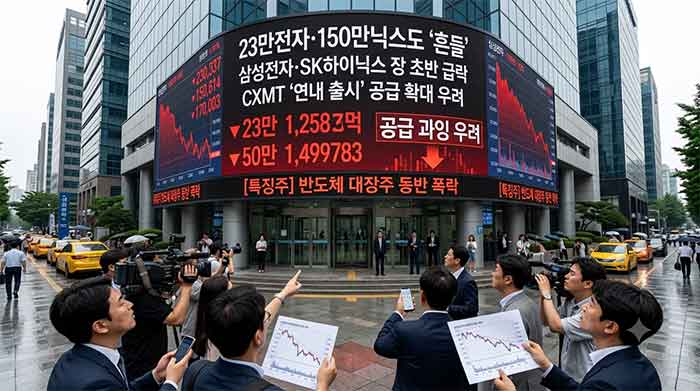 주식 시장 전광판 하락세와 취재진 모습.