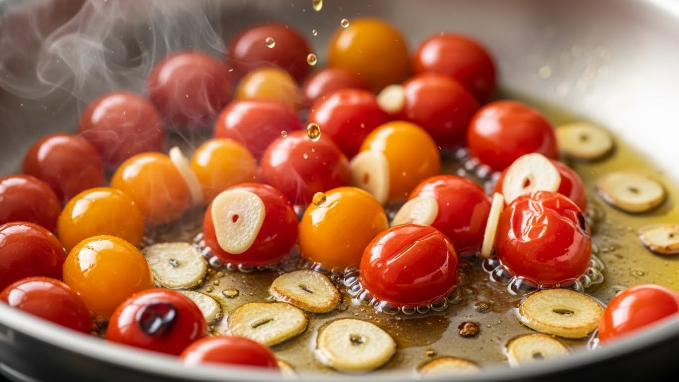 올리브유와 함께 가열하여 리코펜 흡수율을 높인 건강한 토마토 요리 과정 사진