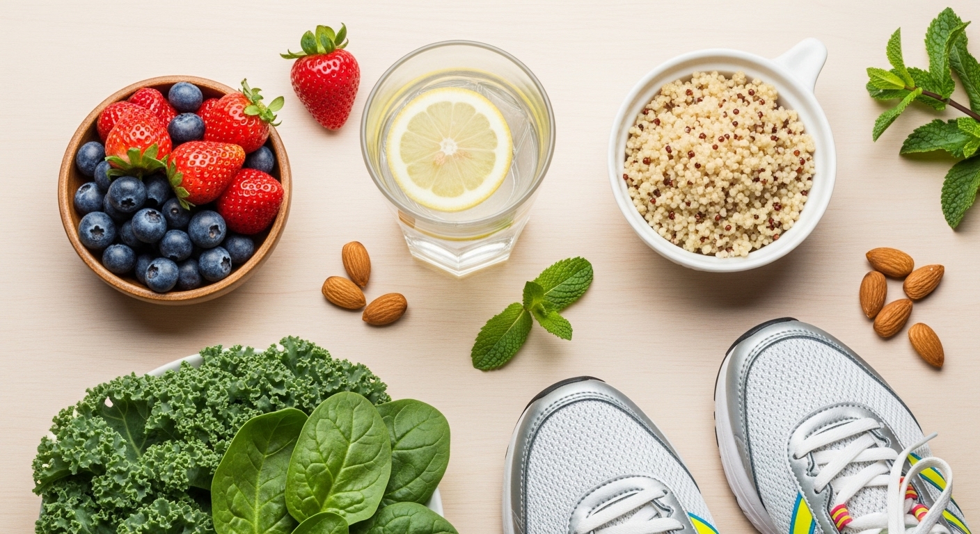 요산 수치 관리에 좋은 베리류, 채소, 물, 운동화 등 건강한 식단과 생활 습관을 보여주는 이미지.