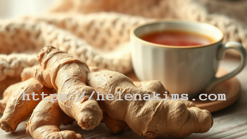 생강과 따끗한 생강 차 한 잔.