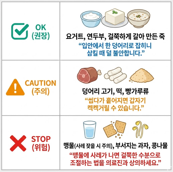 흡인성 폐렴 환자를 위한 삼킴 안전 식단 가이드 OK 주의 위험 음식 비교 표