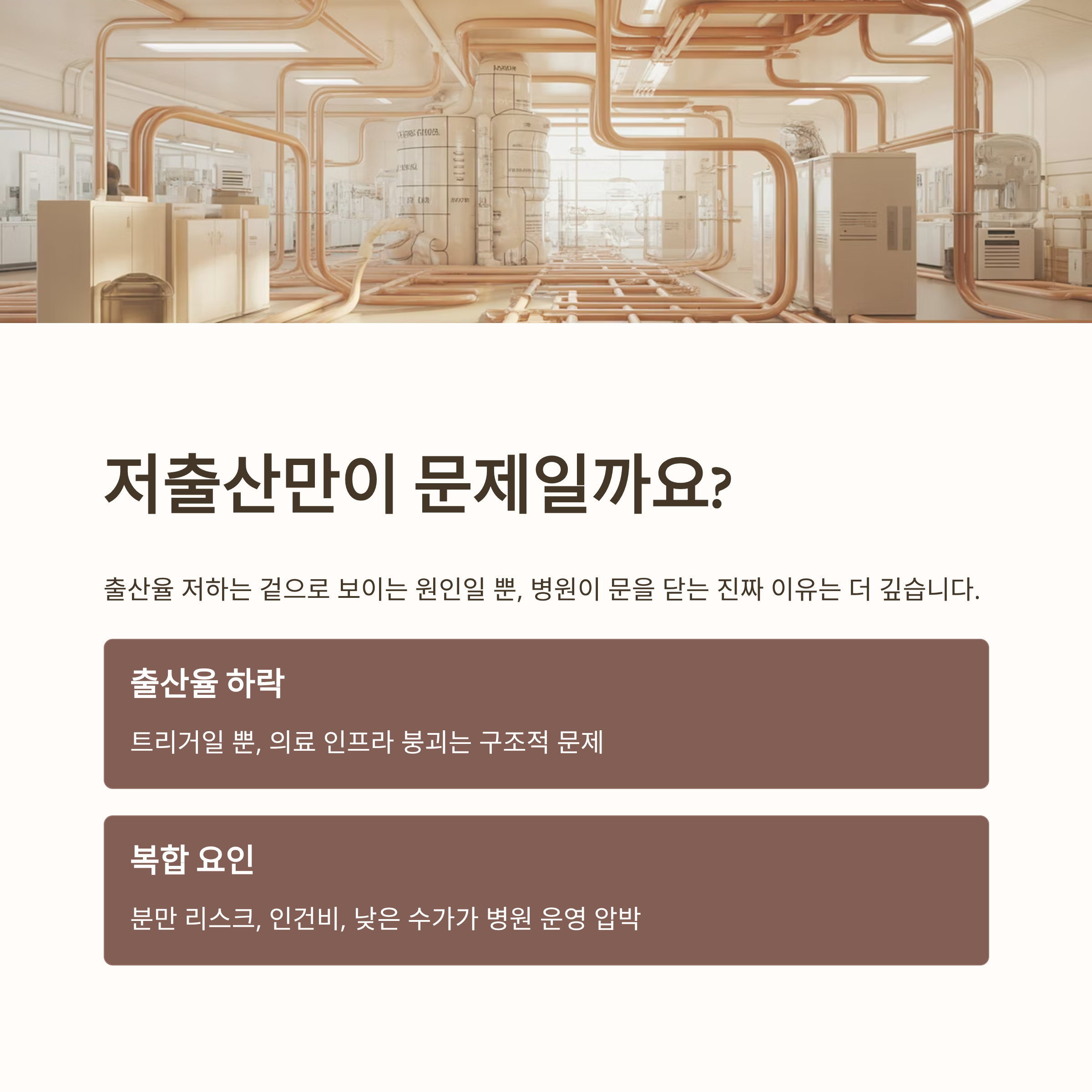 저출산 외에도 의료 인프라 붕괴와 복합 요인이 분만병원 감소의 원인임을 설명하는 인포그래픽으로, 의료 시스템 구조를 상징하는 배경 이미지