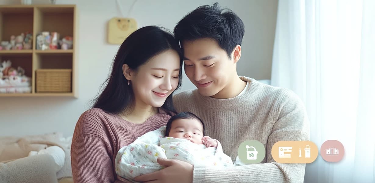 한국 부모가 신생아를 안고 있는 장면, 출산휴가 및 육아휴직 정보를 상징