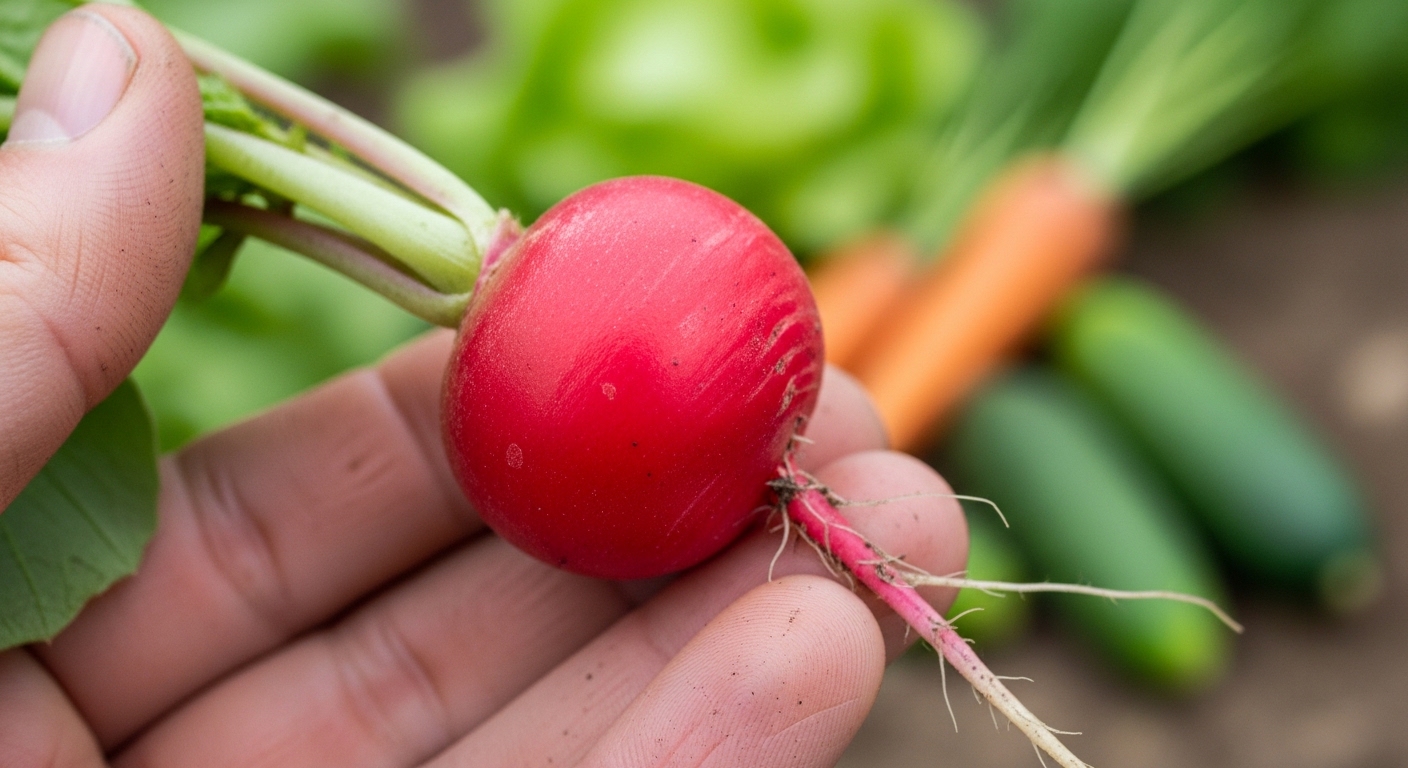 싱싱하고 선명한 붉은색 래디쉬를 손으로 잡고 있는 클로즈업 이미지. 래디쉬의 아삭한 질감과 생생한 색감이 강조되어 건강한 채소의 느낌을 줍니다.