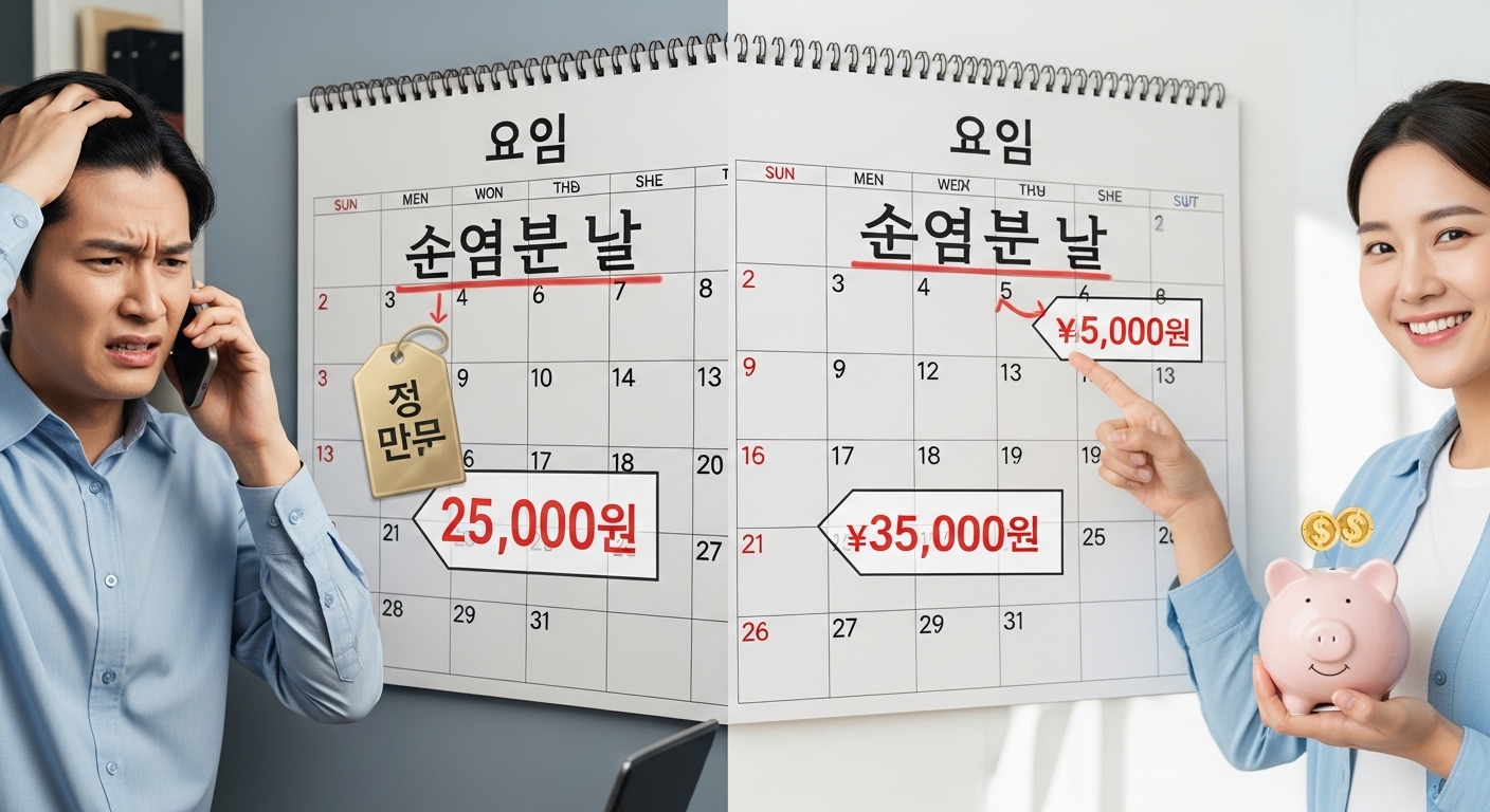 손 없는 날 비싼 비용에 스트레스받는 사람과 평일 이사로 비용을 절약하고 만족하는 사람을 비교하는 이미지.