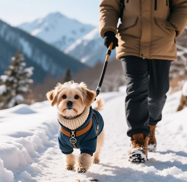 따뜻한 옷을 입고 보호자와 산책하는 강아지의 모습