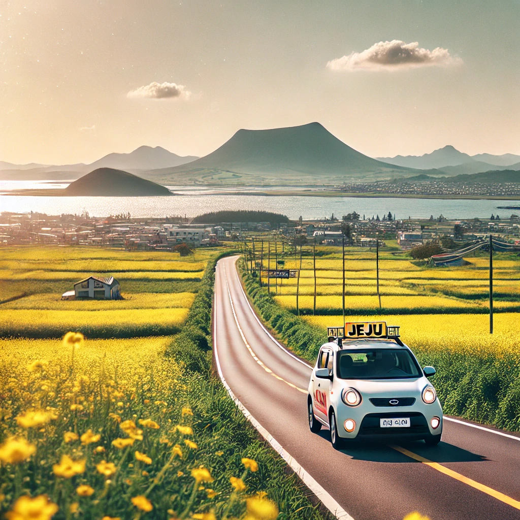 제주도 전원 지역에서 노란 꽃이 핀 길을 따라가는 렌트카, 맑은 하늘과 산이 보이는 아름다운 풍경.