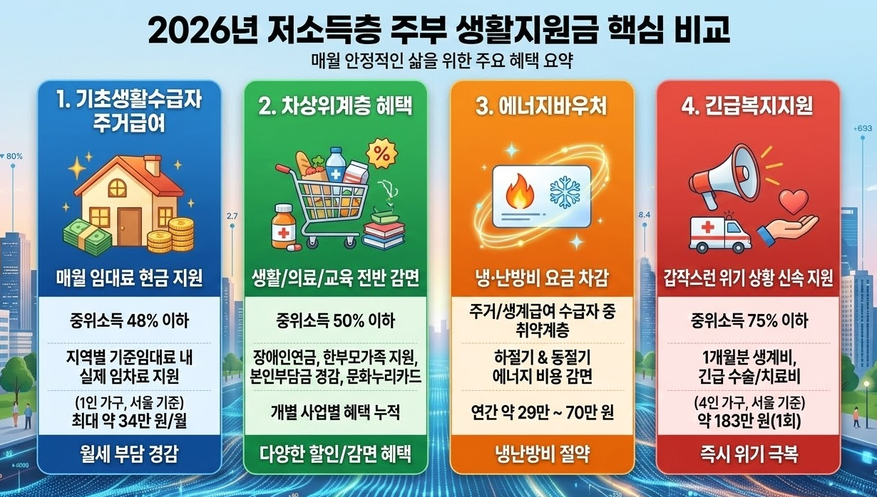 2026년 저소득층 주부 생활지원금 주요 혜택을 비교하는 시각적 표나 차트