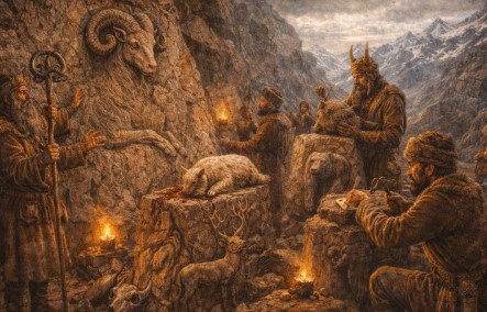 캅카스 산악 지대에서 고대 부족들이 바위에 동물 조각을 새기는 모습