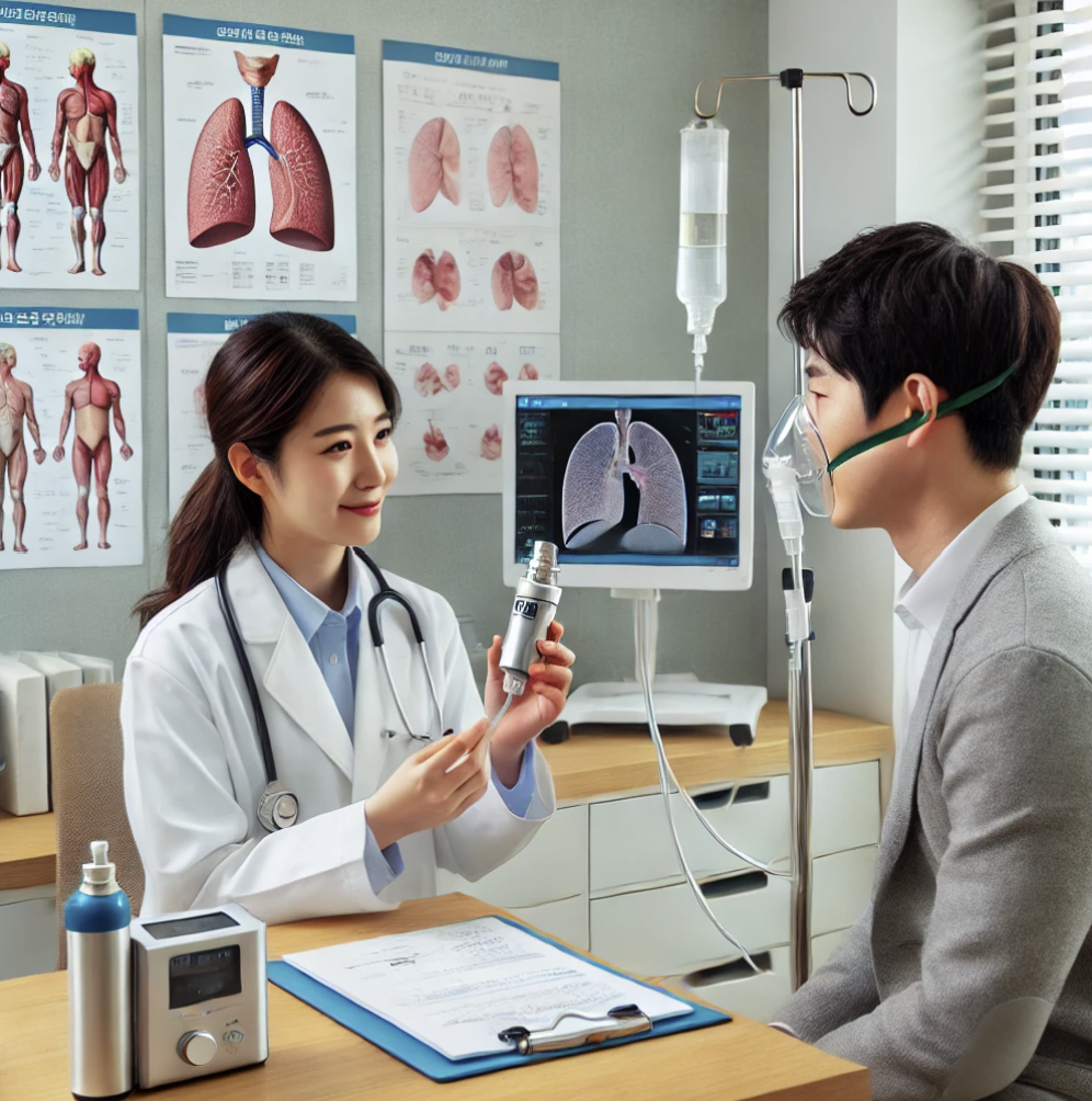 환자에게 휴대용 산소 치료기 사용법을 설명하는 모습.