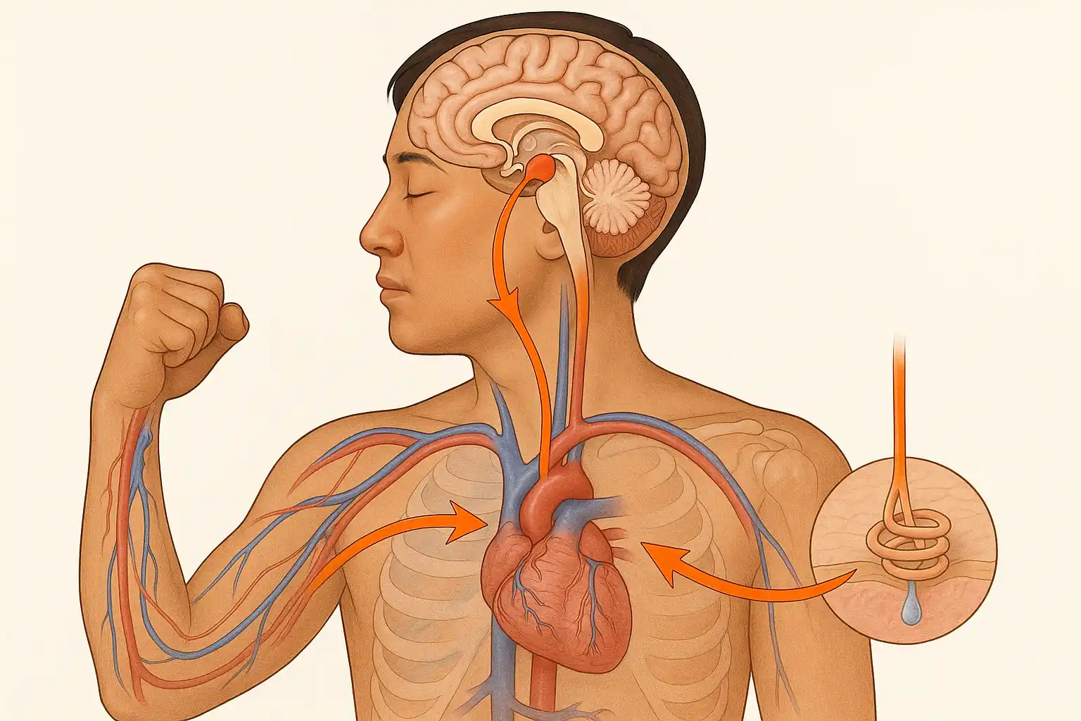 시상하부가 뇌에서 ‘중앙 온도 조절 센터’ 역할을 하며 혈관 확장·수축, 땀샘 활성, 근육 떨림 등을 지휘하는 흐름도