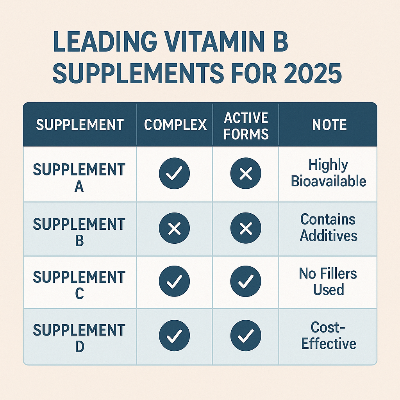 복합 구성 여부, 활성형 성분 포함 여부, 생체이용률, 첨가물 유무, 가성비 등 항목을 기준으로 4가지 주요 비타민B 영양제를 비교 분석한 플랫 디자인 인포그래픽 표입니다.