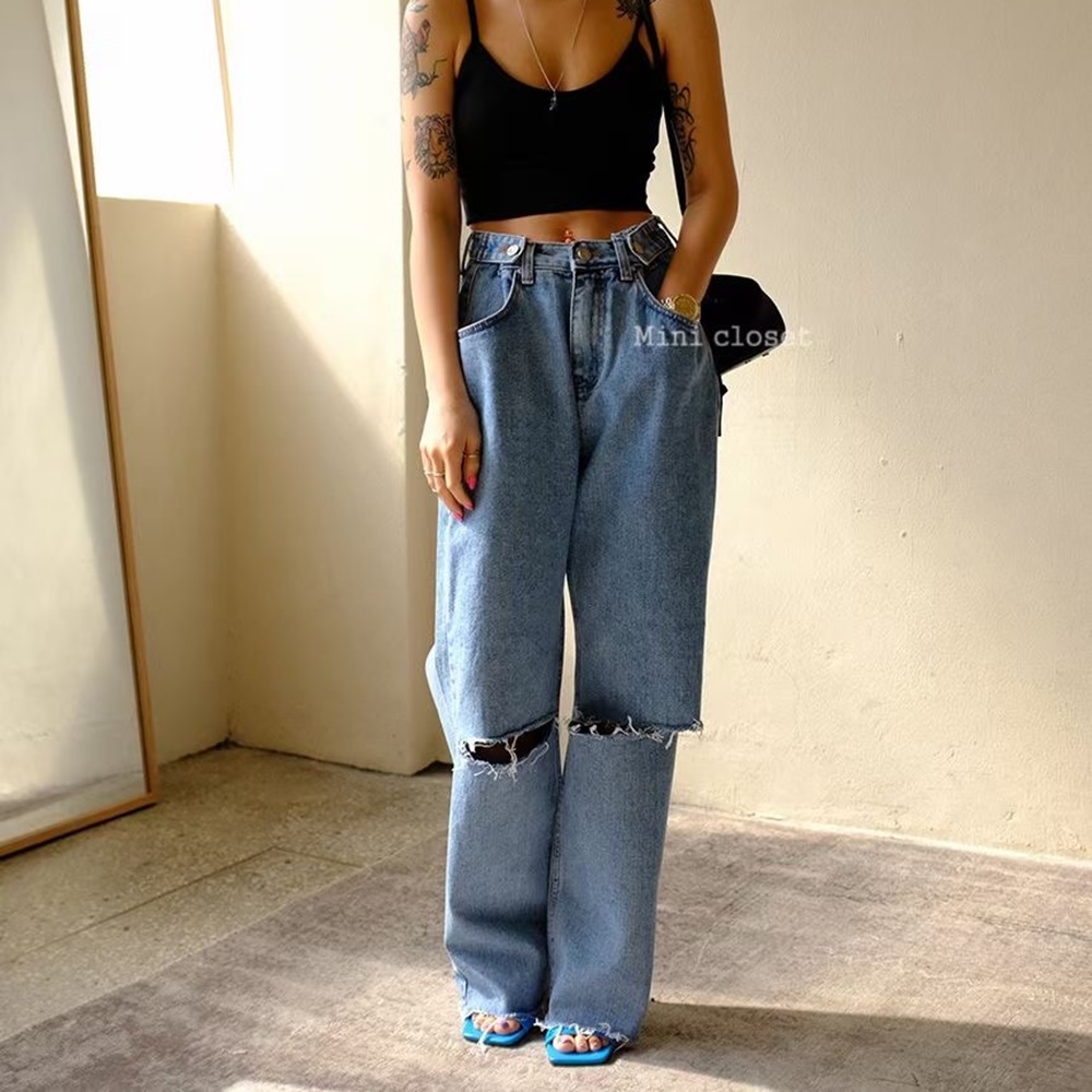 여자통청바지 와이드 찢청 찢어진청바지 하체비만 하비 여성여름청바지