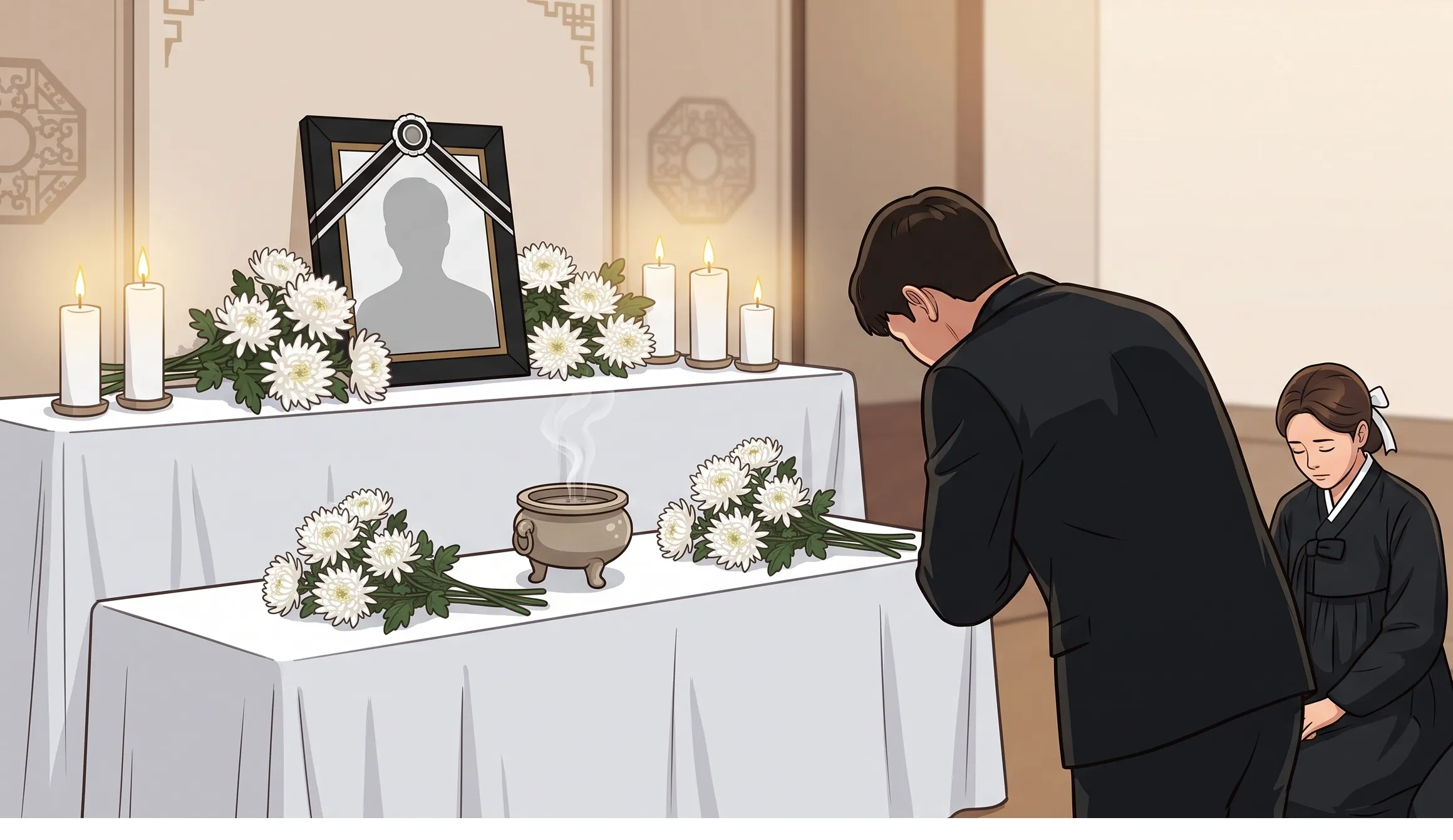 제단 앞에서 조문객이 예를 표하고 있고, 상주가 그 옆에 단정히 앉아 있는 장례식장 내부 전경 일러스트