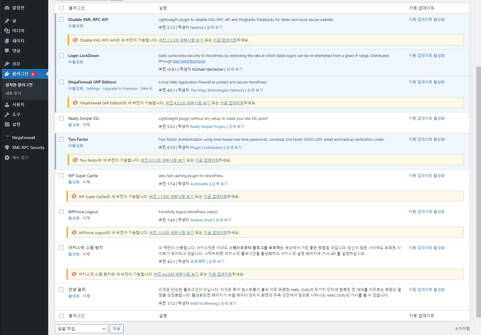 워드프레스 자동 설치 시 함께 설치되는 플러그인을 삭제해도 될까?