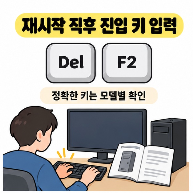 재시작 직후 진입 키 입력이라는 안내와 Del 및 F2 키 그림 아래 사용자가 키보드를 조작하는 모습