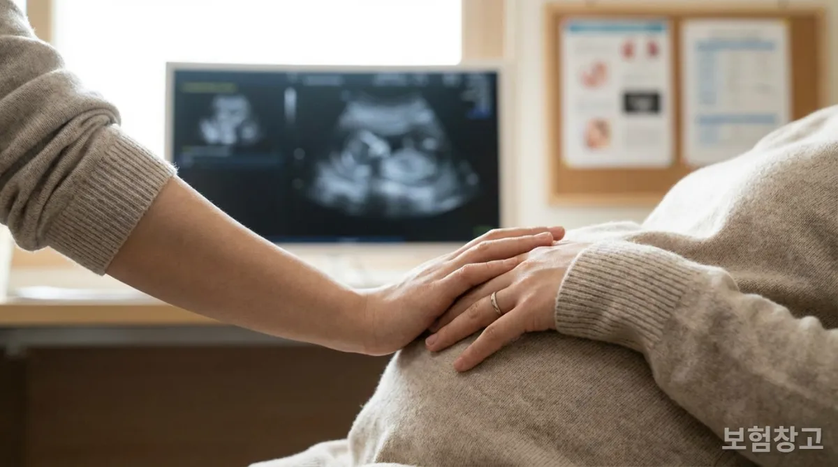 태아보험 가입의 중요성을 나타내는 임산부의 손과 흐릿한 의료 차트