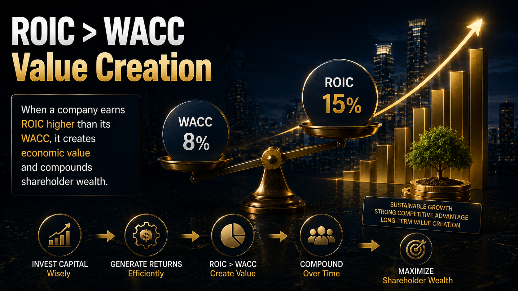 ROIC above WACC demonstrates long-term corporate value creation and capital efficiency
