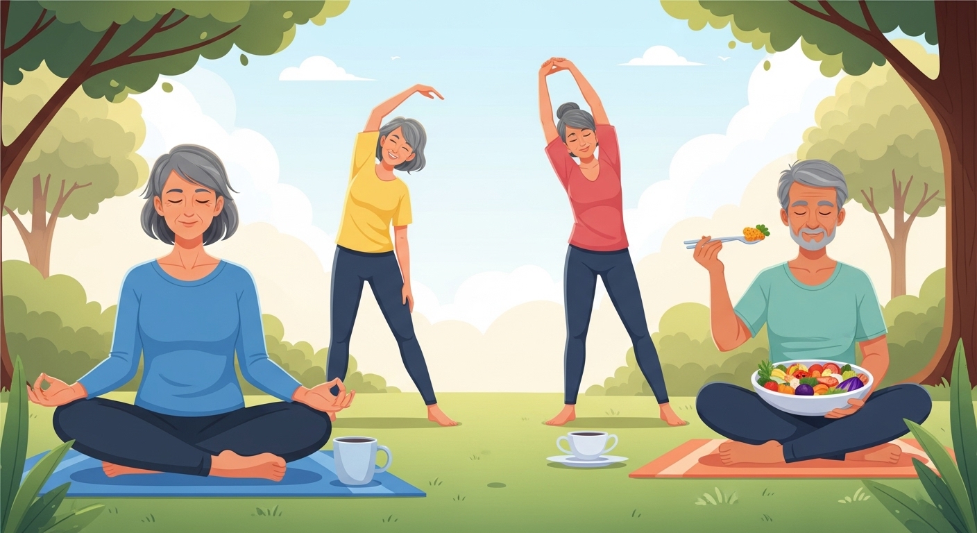 중년 남녀가 공원에서 명상하고, 요가하며, 건강한 식사를 즐기는 모습으로 정신적, 신체적 균형을 이루는 통합적 웰니스를 표현.