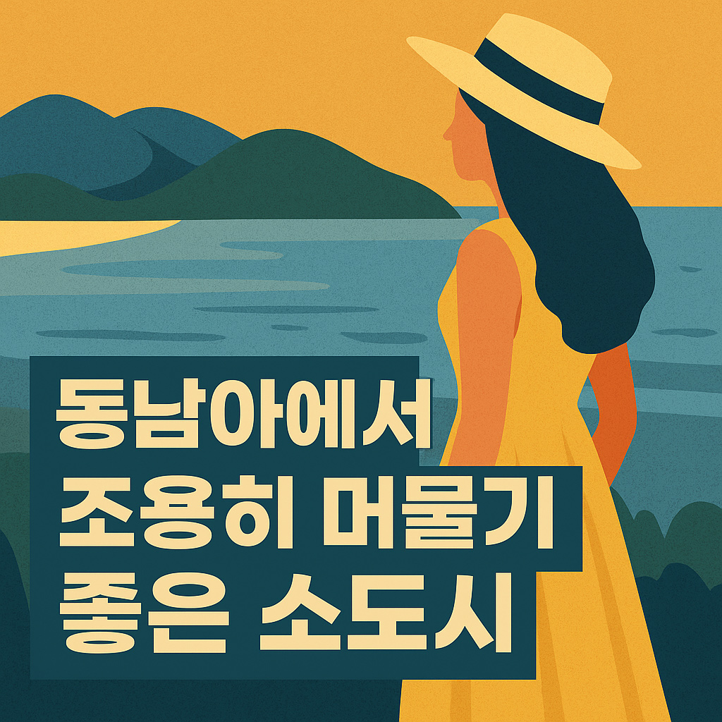 동남아시아의 조용한 소도시 여행지를 소개하는 감성 일러스트 이미지. 해가 지는 강가를 따라 여행자가 천천히 걷고 있으며, 주변에는 고즈넉한 가옥과 야자수가 어우러져 평화로운 분위기를 자아냄.