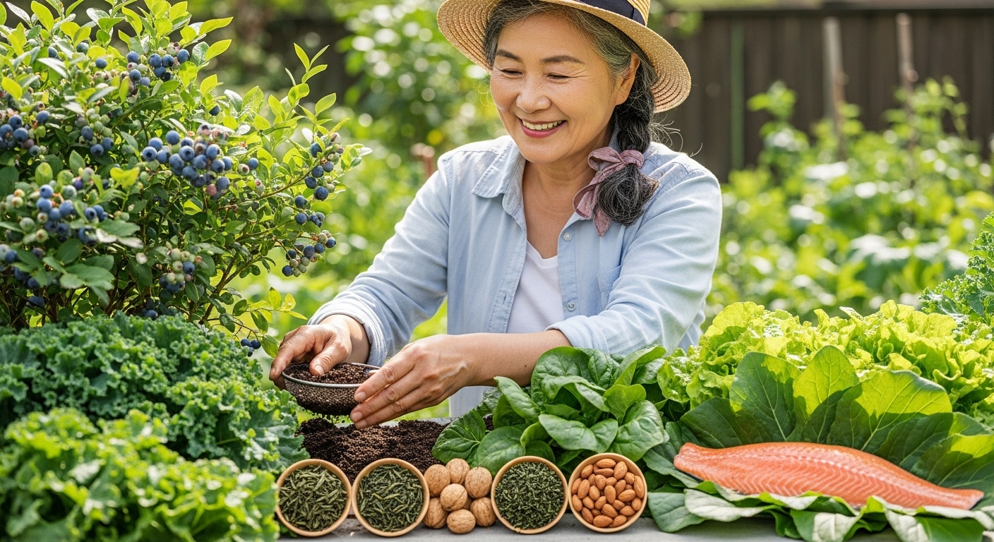 활기찬 한국인 노년 여성이 건강한 식재료가 가득한 정원에서 미소 짓는 모습