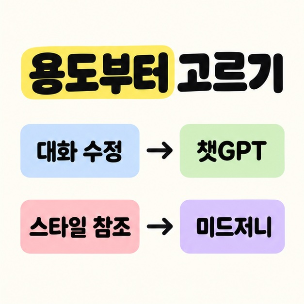 용도부터 고르기 제목 아래 대화 수정을 챗GPT에, 스타일 참조를 미드저니에 연결한 두 줄 비교